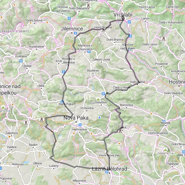 Miniaturní mapa "Silniční trasa přes malebné vesnice" inspirace pro cyklisty v oblasti Severovýchod, Czech Republic. Vytvořeno pomocí plánovače tras Tarmacs.app