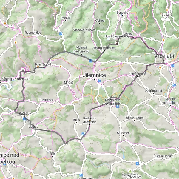 Miniaturní mapa "Vrchlabí - Vrchy - Křížovky" inspirace pro cyklisty v oblasti Severovýchod, Czech Republic. Vytvořeno pomocí plánovače tras Tarmacs.app