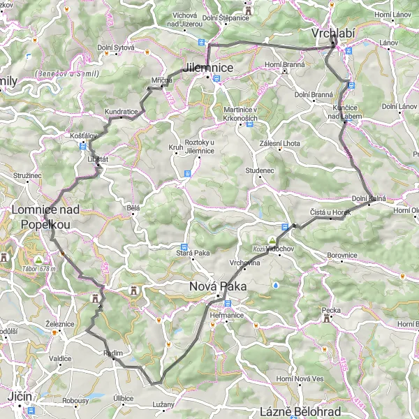 Map miniature of "Winding Roads of the Krkonoše Foothills" cycling inspiration in Severovýchod, Czech Republic. Generated by Tarmacs.app cycling route planner