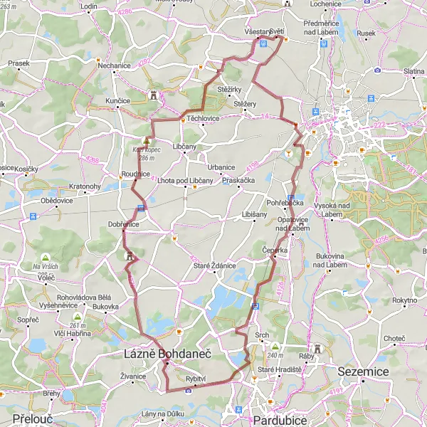 Mapa miniatúra "Gravelová trasa přes Kukleny a Roudnici" cyklistická inšpirácia v Severovýchod, Czech Republic. Vygenerované cyklistickým plánovačom trás Tarmacs.app