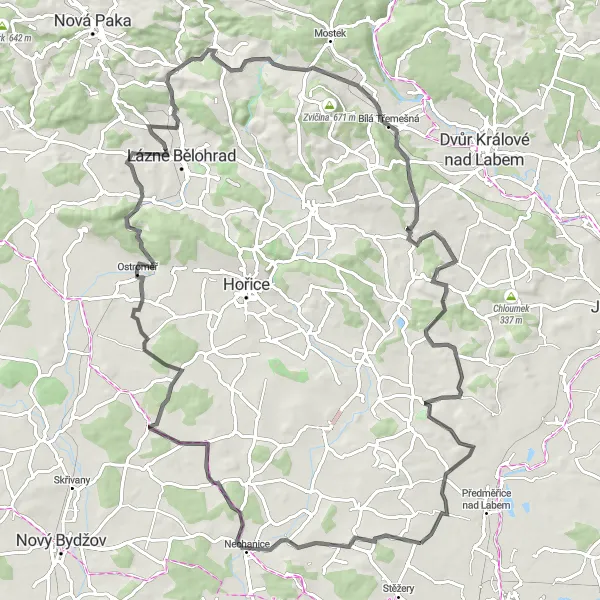 Mapa miniatúra "Významné místa kolem Pecky" cyklistická inšpirácia v Severovýchod, Czech Republic. Vygenerované cyklistickým plánovačom trás Tarmacs.app