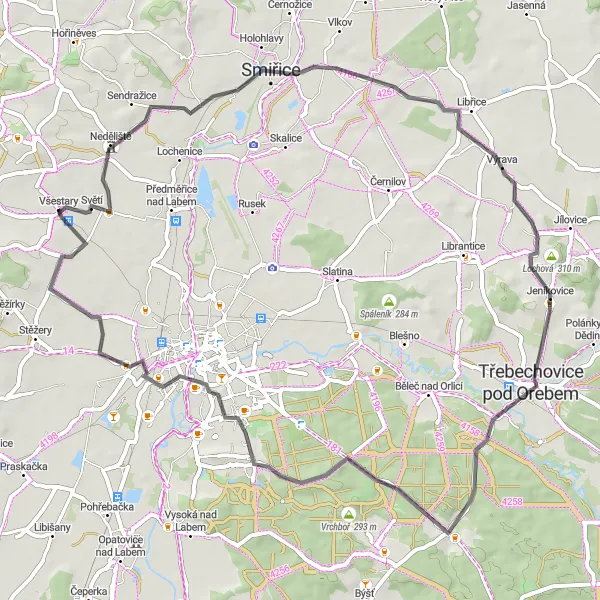 Miniaturní mapa "Road Všestary - Bříza" inspirace pro cyklisty v oblasti Severovýchod, Czech Republic. Vytvořeno pomocí plánovače tras Tarmacs.app