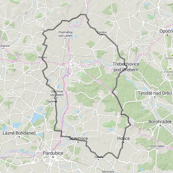 Miniaturní mapa "Okolo Pardubic" inspirace pro cyklisty v oblasti Severovýchod, Czech Republic. Vytvořeno pomocí plánovače tras Tarmacs.app