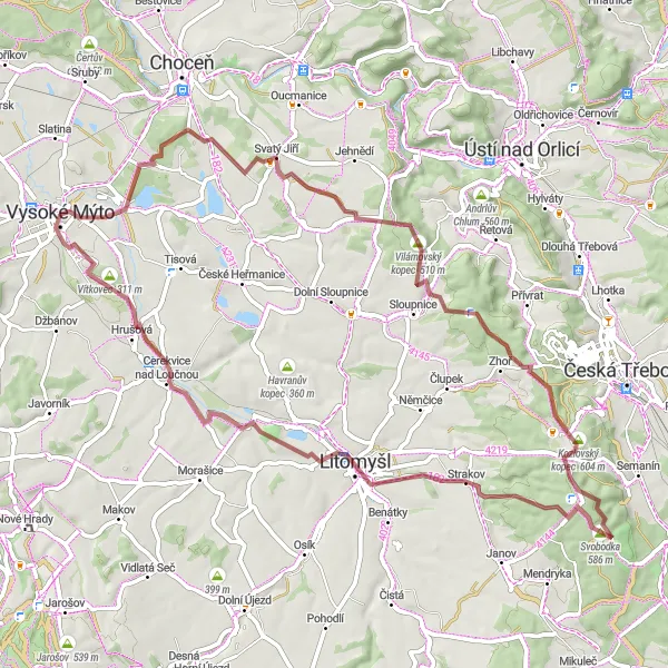 Map miniature of "Vysoké Mýto Gravel Adventure" cycling inspiration in Severovýchod, Czech Republic. Generated by Tarmacs.app cycling route planner
