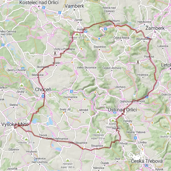 Miniaturní mapa "Náročný gravel okruh kolem Vysokého Mýta" inspirace pro cyklisty v oblasti Severovýchod, Czech Republic. Vytvořeno pomocí plánovače tras Tarmacs.app