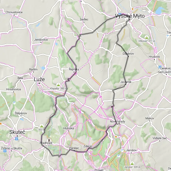 Mapa miniatúra "Okresy Mýto Road Cycling Route" cyklistická inšpirácia v Severovýchod, Czech Republic. Vygenerované cyklistickým plánovačom trás Tarmacs.app