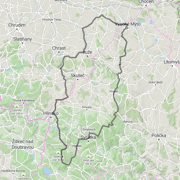 Map miniature of "Vysoké Mýto to Vraclav Road Cycling Route" cycling inspiration in Severovýchod, Czech Republic. Generated by Tarmacs.app cycling route planner