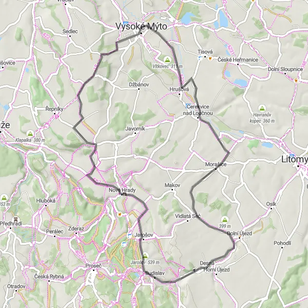 Mapa miniatúra "Zelená trasa okolo Vysokého Mýta" cyklistická inšpirácia v Severovýchod, Czech Republic. Vygenerované cyklistickým plánovačom trás Tarmacs.app