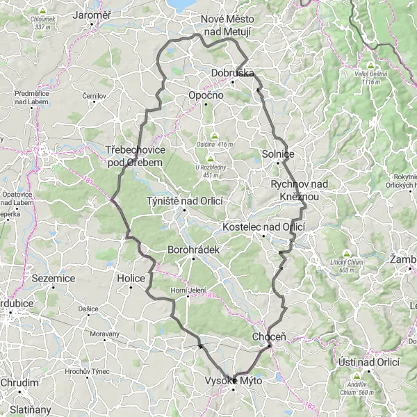 Karten-Miniaturansicht der Radinspiration "Hügeliges Straßenradfahren" in Severovýchod, Czech Republic. Erstellt vom Tarmacs.app-Routenplaner für Radtouren