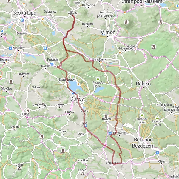 Miniaturní mapa "Gravel Trasa z Zákup" inspirace pro cyklisty v oblasti Severovýchod, Czech Republic. Vytvořeno pomocí plánovače tras Tarmacs.app