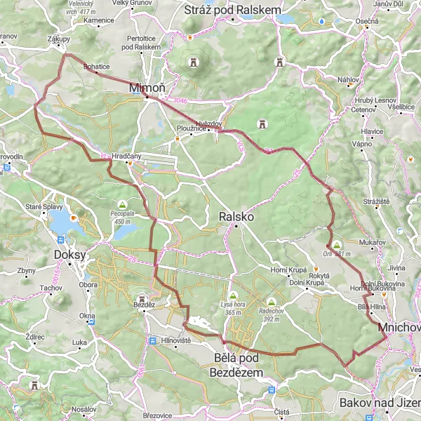 Mapa miniatúra "Výzva pre gravel cyklistov v okolí Zákup" cyklistická inšpirácia v Severovýchod, Czech Republic. Vygenerované cyklistickým plánovačom trás Tarmacs.app