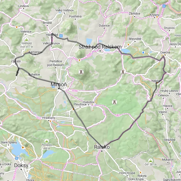 Miniaturní mapa "Okruh kolem Zákupy" inspirace pro cyklisty v oblasti Severovýchod, Czech Republic. Vytvořeno pomocí plánovače tras Tarmacs.app