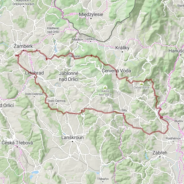 Mapa miniatúra "Gravel Krásy Orlických hor" cyklistická inšpirácia v Severovýchod, Czech Republic. Vygenerované cyklistickým plánovačom trás Tarmacs.app