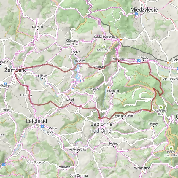 Miniaturní mapa "Gravel trasa do Žamberku" inspirace pro cyklisty v oblasti Severovýchod, Czech Republic. Vytvořeno pomocí plánovače tras Tarmacs.app