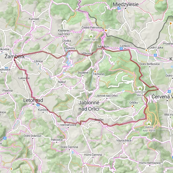 Mapa miniatúra "Gravelová trasa cez prírodu a dediny" cyklistická inšpirácia v Severovýchod, Czech Republic. Vygenerované cyklistickým plánovačom trás Tarmacs.app