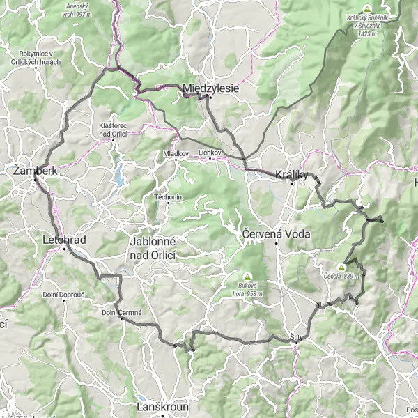 Map miniature of "Orlické Mountains Road Challenge" cycling inspiration in Severovýchod, Czech Republic. Generated by Tarmacs.app cycling route planner