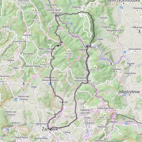 Mapa miniatúra "Road Okolo Žamberka" cyklistická inšpirácia v Severovýchod, Czech Republic. Vygenerované cyklistickým plánovačom trás Tarmacs.app