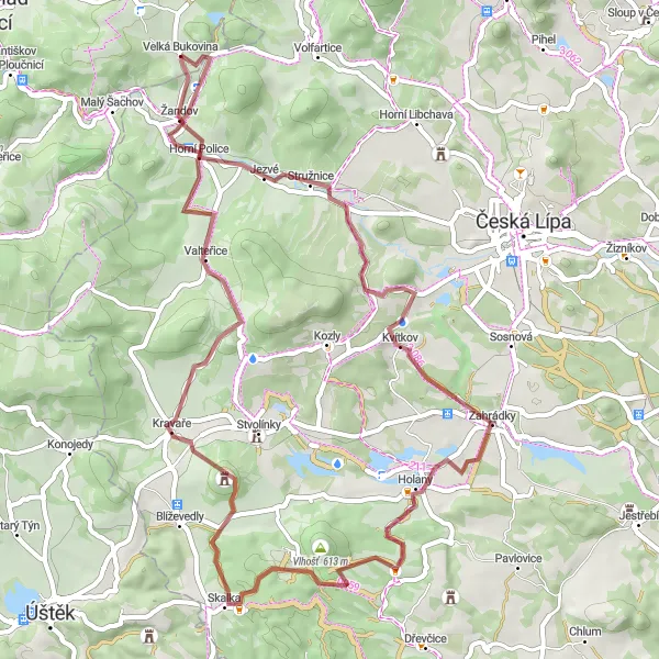 Map miniature of "Žandov to Zámek Zahrádky: Gravel Biking Adventure" cycling inspiration in Severovýchod, Czech Republic. Generated by Tarmacs.app cycling route planner