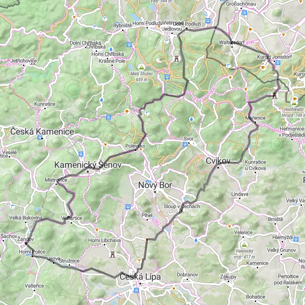 Mapa miniatúra "Road výlet kolem Kamenického Šenova" cyklistická inšpirácia v Severovýchod, Czech Republic. Vygenerované cyklistickým plánovačom trás Tarmacs.app