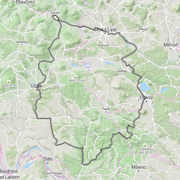 Miniaturní mapa "Jezvé - Česká Lípa Route" inspirace pro cyklisty v oblasti Severovýchod, Czech Republic. Vytvořeno pomocí plánovače tras Tarmacs.app