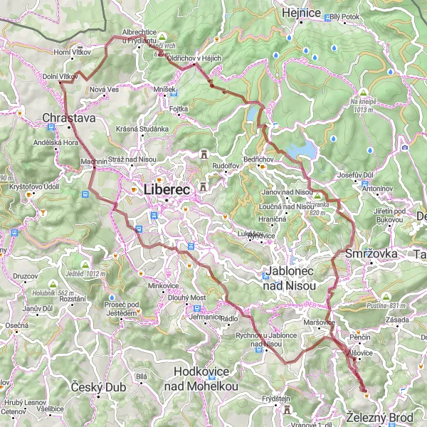 Miniaturní mapa "Gravel cykloturistika kolem Železného Brodu" inspirace pro cyklisty v oblasti Severovýchod, Czech Republic. Vytvořeno pomocí plánovače tras Tarmacs.app