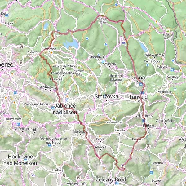 Map miniature of "Kříby Gravel Route" cycling inspiration in Severovýchod, Czech Republic. Generated by Tarmacs.app cycling route planner