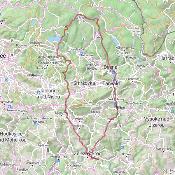 Miniaturní mapa "Trasy cykloturistiky od Železného Brodu" inspirace pro cyklisty v oblasti Severovýchod, Czech Republic. Vytvořeno pomocí plánovače tras Tarmacs.app