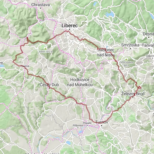 Miniaturní mapa "Gravel Koberovy Circuit" inspirace pro cyklisty v oblasti Severovýchod, Czech Republic. Vytvořeno pomocí plánovače tras Tarmacs.app