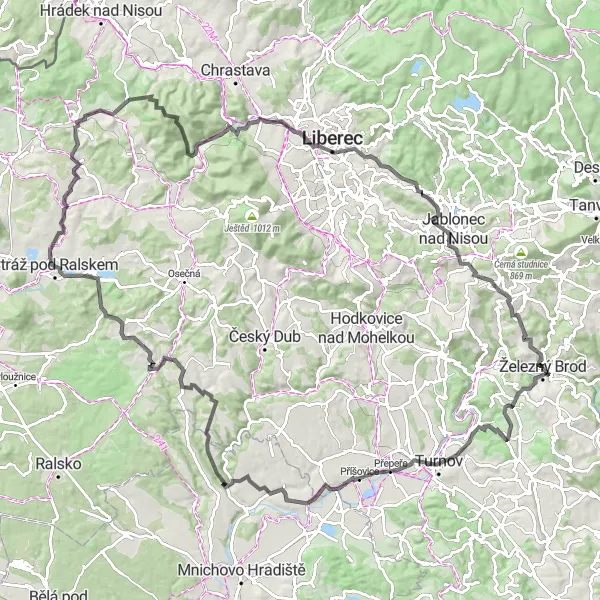 Miniaturní mapa "Kopcovitá okružní cesta z Turnova do Liberce" inspirace pro cyklisty v oblasti Severovýchod, Czech Republic. Vytvořeno pomocí plánovače tras Tarmacs.app