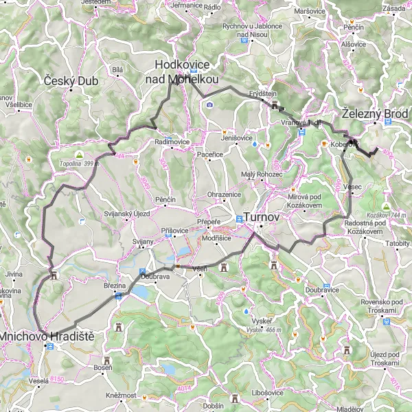 Map miniature of "Hamštejnský Vrch and Buchtův Kopeček Road Cycling Route" cycling inspiration in Severovýchod, Czech Republic. Generated by Tarmacs.app cycling route planner