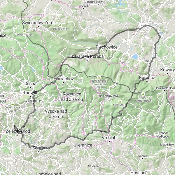 Mapa miniatúra "Horská výzva cez Podkrkonoší" cyklistická inšpirácia v Severovýchod, Czech Republic. Vygenerované cyklistickým plánovačom trás Tarmacs.app