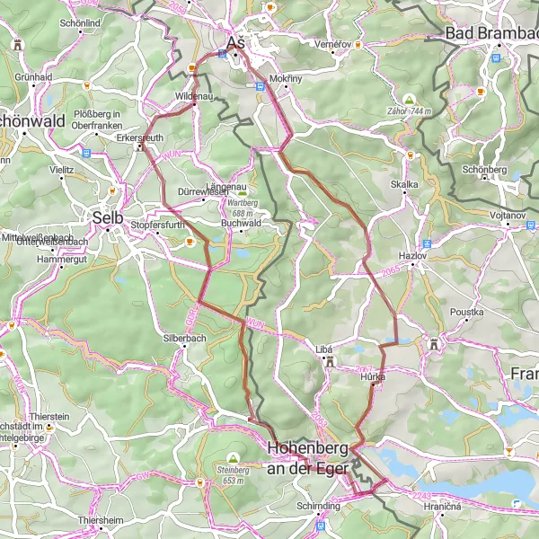 Mapa miniatúra "Gravel ride around Aš" cyklistická inšpirácia v Severozápad, Czech Republic. Vygenerované cyklistickým plánovačom trás Tarmacs.app