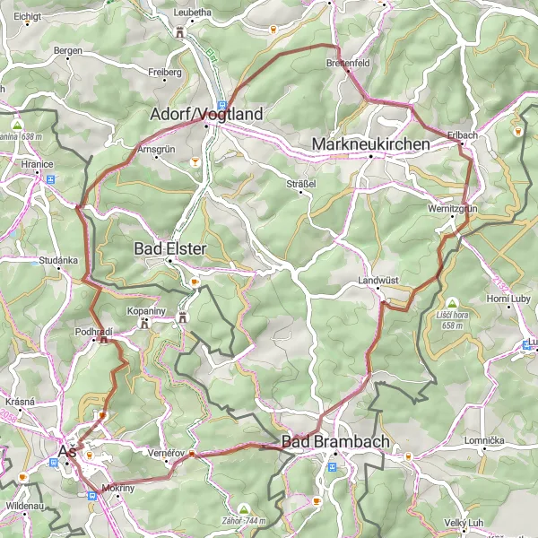 Mapa miniatúra "Trasa cez rozhledna Háj u Aše a Mokřiny" cyklistická inšpirácia v Severozápad, Czech Republic. Vygenerované cyklistickým plánovačom trás Tarmacs.app