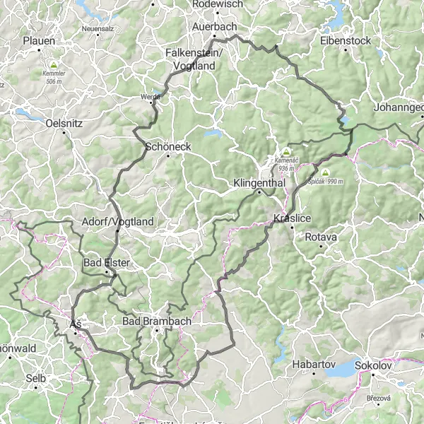 Map miniature of "Aš Castle and the Grüne Carolagrün" cycling inspiration in Severozápad, Czech Republic. Generated by Tarmacs.app cycling route planner