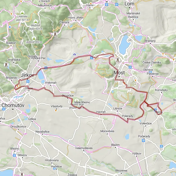 Map miniature of "Bečov Gravel Adventure" cycling inspiration in Severozápad, Czech Republic. Generated by Tarmacs.app cycling route planner