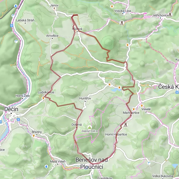 Mapa miniatúra "Gravelová cesta Ovesná - Horní Habartice" cyklistická inšpirácia v Severozápad, Czech Republic. Vygenerované cyklistickým plánovačom trás Tarmacs.app