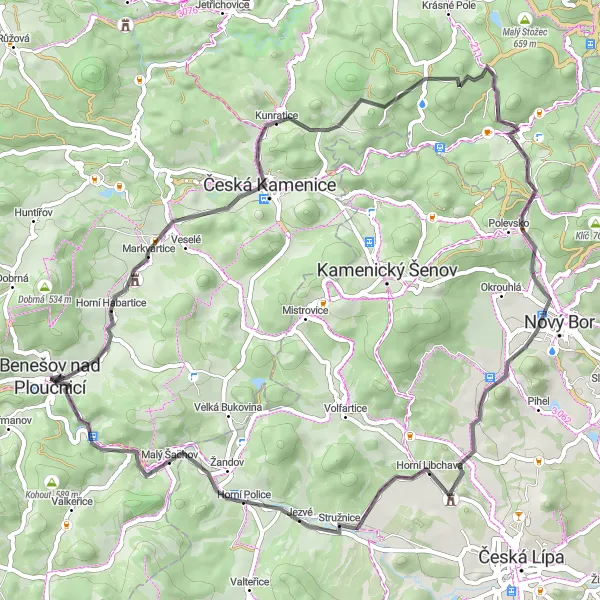 Miniaturní mapa "Jízda po silnici kolem Benešova nad Ploučnicí" inspirace pro cyklisty v oblasti Severozápad, Czech Republic. Vytvořeno pomocí plánovače tras Tarmacs.app