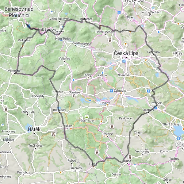 Miniaturní mapa "Cyklovýlet kolem Františkova nad Ploučnicí" inspirace pro cyklisty v oblasti Severozápad, Czech Republic. Vytvořeno pomocí plánovače tras Tarmacs.app