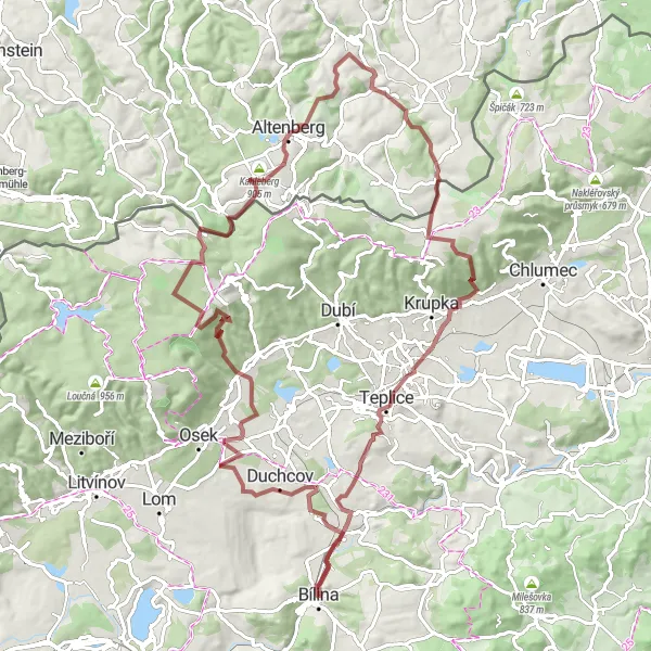 Mapa miniatúra "Gravel Mostecké Předměstí - Bílina Route" cyklistická inšpirácia v Severozápad, Czech Republic. Vygenerované cyklistickým plánovačom trás Tarmacs.app