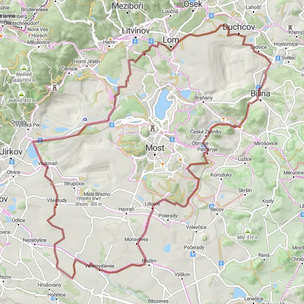 Miniaturní mapa "Velemyšleves Circle" inspirace pro cyklisty v oblasti Severozápad, Czech Republic. Vytvořeno pomocí plánovače tras Tarmacs.app