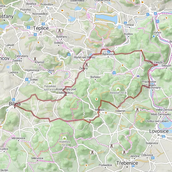 Mapa miniatúra "Cyklotrasa kolem Bíliny - Špičák až Okrouhlík" cyklistická inšpirácia v Severozápad, Czech Republic. Vygenerované cyklistickým plánovačom trás Tarmacs.app