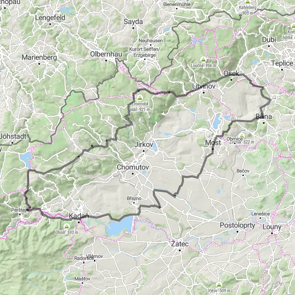 Miniaturní mapa "Krajem odvážných cyklistů" inspirace pro cyklisty v oblasti Severozápad, Czech Republic. Vytvořeno pomocí plánovače tras Tarmacs.app