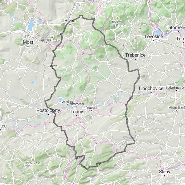 Miniaturní mapa "Pokladem kraje Severozápad" inspirace pro cyklisty v oblasti Severozápad, Czech Republic. Vytvořeno pomocí plánovače tras Tarmacs.app