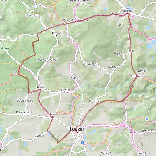 Map miniature of "Bochov - Teleč - Útvina - Bochov" cycling inspiration in Severozápad, Czech Republic. Generated by Tarmacs.app cycling route planner