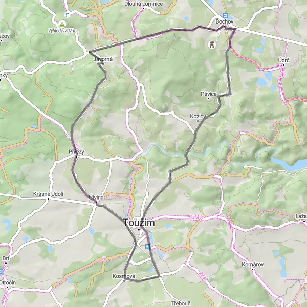 Miniaturní mapa "Bochov - Teleč Road Route" inspirace pro cyklisty v oblasti Severozápad, Czech Republic. Vytvořeno pomocí plánovače tras Tarmacs.app