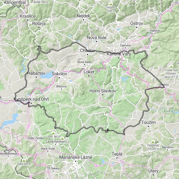 Miniaturní mapa "Road Route from Bochov to Bochov" inspirace pro cyklisty v oblasti Severozápad, Czech Republic. Vytvořeno pomocí plánovače tras Tarmacs.app