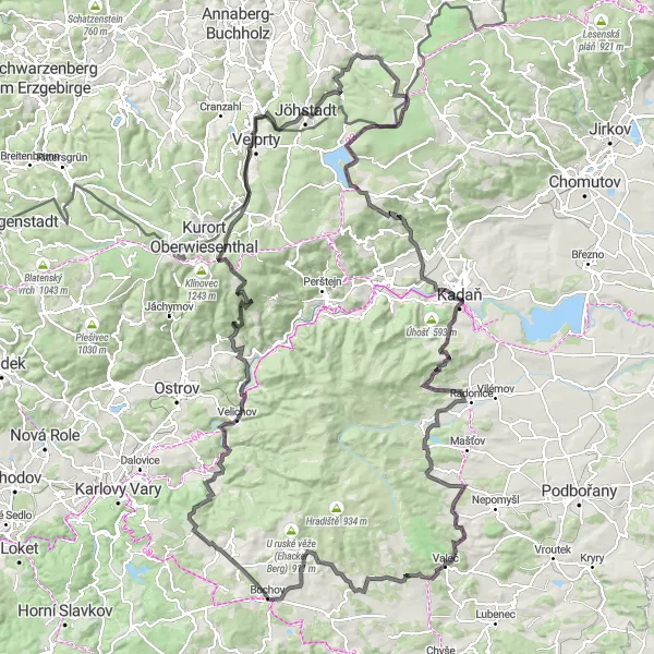 Miniaturní mapa "Road Route from Bochov to Těšetice" inspirace pro cyklisty v oblasti Severozápad, Czech Republic. Vytvořeno pomocí plánovače tras Tarmacs.app