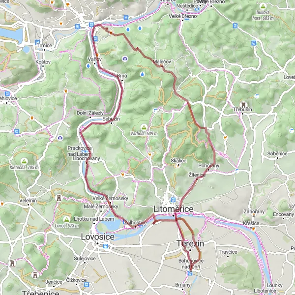 Map miniature of "Bohušovice nad Ohří - Žalhostice - Kalvárie - Církvice - Mariánský vrch - Liščín - Žitenice - Terezín Round Trip" cycling inspiration in Severozápad, Czech Republic. Generated by Tarmacs.app cycling route planner