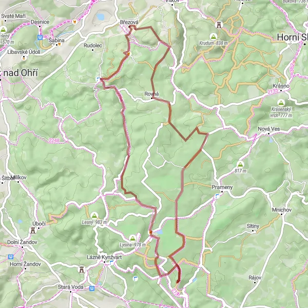 Mapa miniatúra "Gravel Bike Route od Březové" cyklistická inšpirácia v Severozápad, Czech Republic. Vygenerované cyklistickým plánovačom trás Tarmacs.app