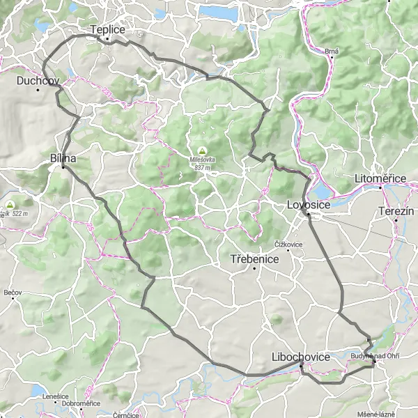 Mapa miniatúra "Poplze-Šepetelská hora-Řisuty-Trupelník-Bílina-Bystřany-Dobrý-Lhotka nad Labem-Vrbičany-Vodní hrad" cyklistická inšpirácia v Severozápad, Czech Republic. Vygenerované cyklistickým plánovačom trás Tarmacs.app